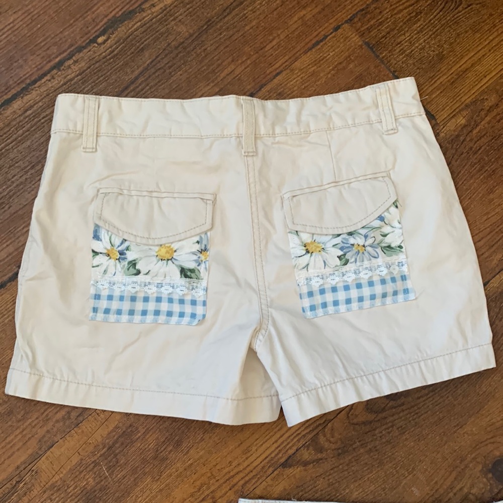 Upcycled Patchwork Cream Cargo Shorts Daisy Gingham - Size 0